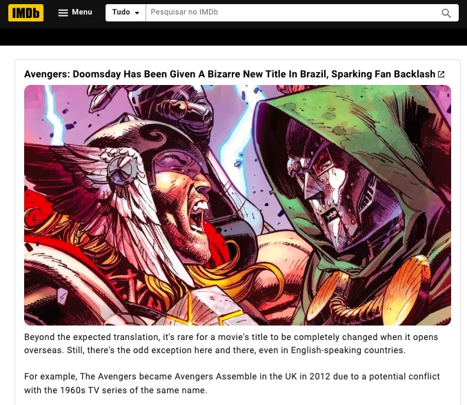Vingadores :: Mudança de título, críticas e mais! Entenda a polêmica envolvendo o novo filme da Marvel 3 Matéria do imdb aborando a mudança do título de Vingadores no Brasil